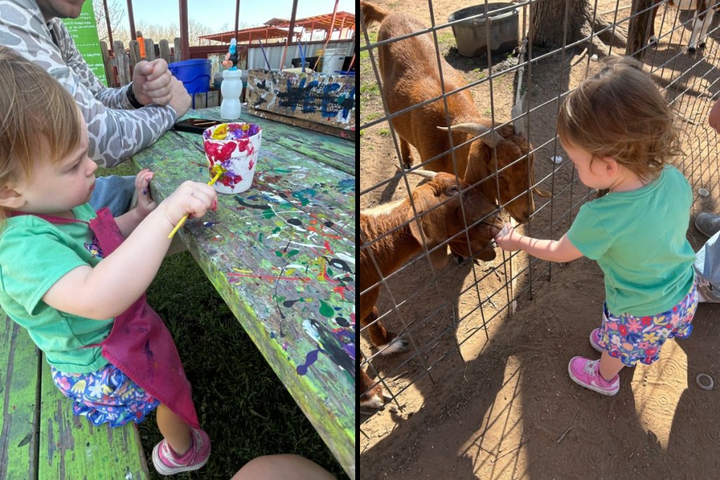 child painting a pot and feeding a goat