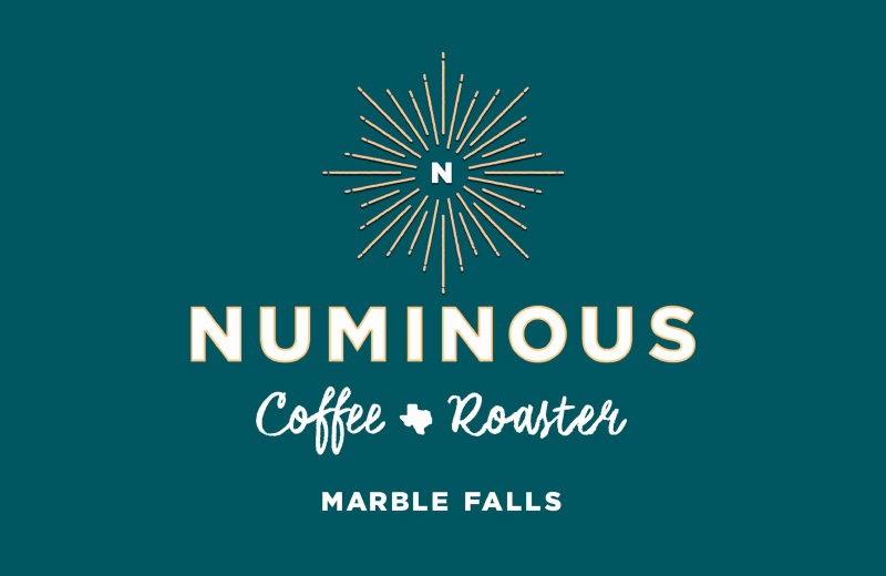 Logo for Numinous Coffee Roaster with a stylized sunburst and an N at the top, Numinous in bold letters, and Coffee Roaster Marble Falls written below with a Texas icon between the words.