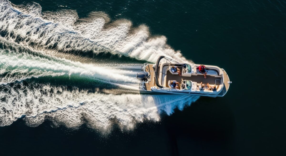 Aerial view of a speedboat with several people onboard cruising across the dark blue waters of Lake Buchanan, leaving a wide, foamy white wake behind it in the sunlight.