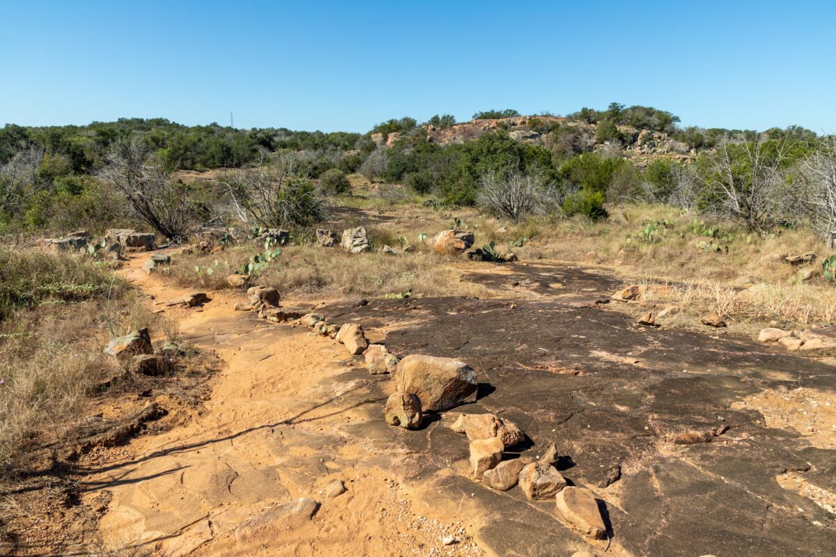 A rocky, dry trail with scattered boulders and patches of cactus winds through a grassy landscape near Lake Buchanan, with scrubby trees under a clear blue sky. Low hills are visible in the background.