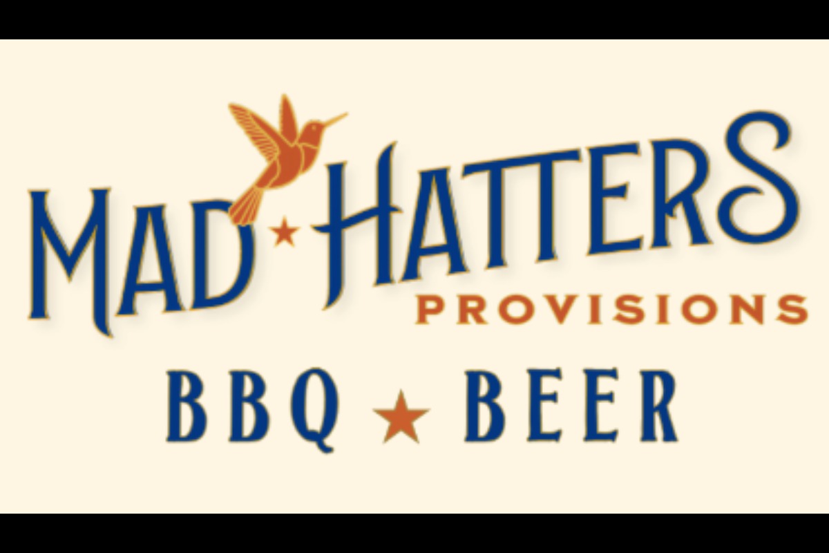 Logo for Mad Hatters Provisions featuring a hummingbird illustration, the text MAD HATTERS PROVISIONS, and the words Beer and BBQ separated by a star. The text appears in vibrant blue and orange.