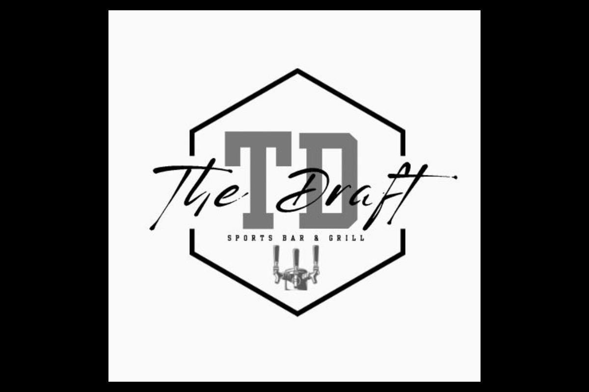 Logo for The TD Draft Sports Bar & Grill featuring a hexagonal border, bold letters TD, and stylized script for The Draft. Three draft beer taps are illustrated below the text, highlighting the vibrant sports bar and grill atmosphere.