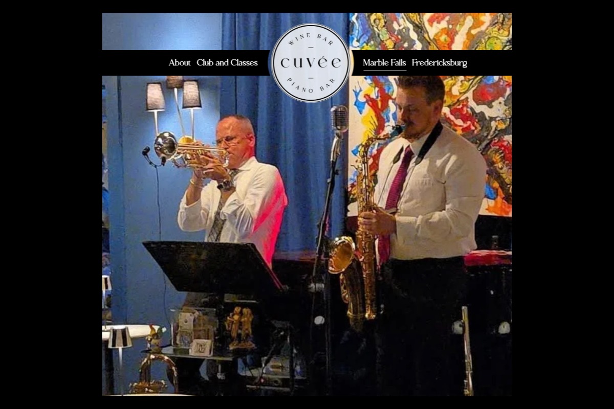Two musicians in white shirts and ties perform at Cuvee Wine Bar, one playing trumpet and the other saxophone. They stand before music stands with a colorful abstract painting in the background, setting a lively jazz mood.