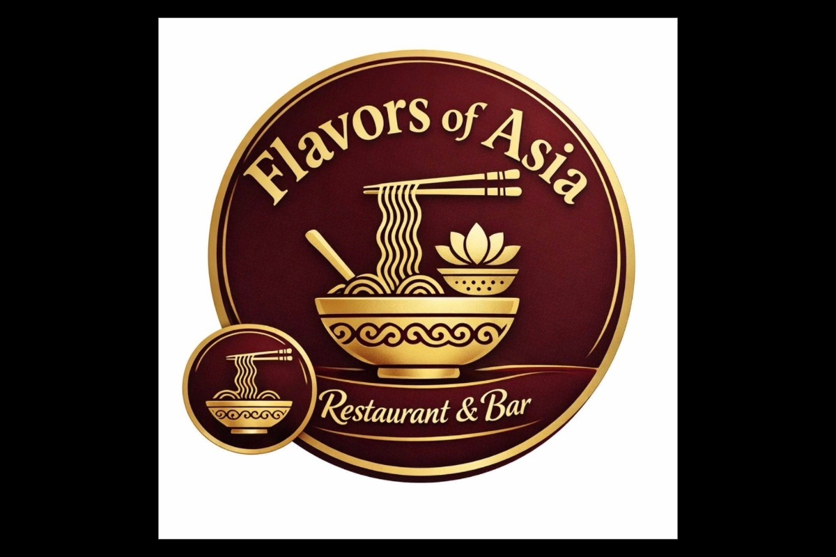 Logo for Flavors of Asia Restaurant & Bar: maroon and gold circle with a bowl, chopsticks, and steam text-reading design
