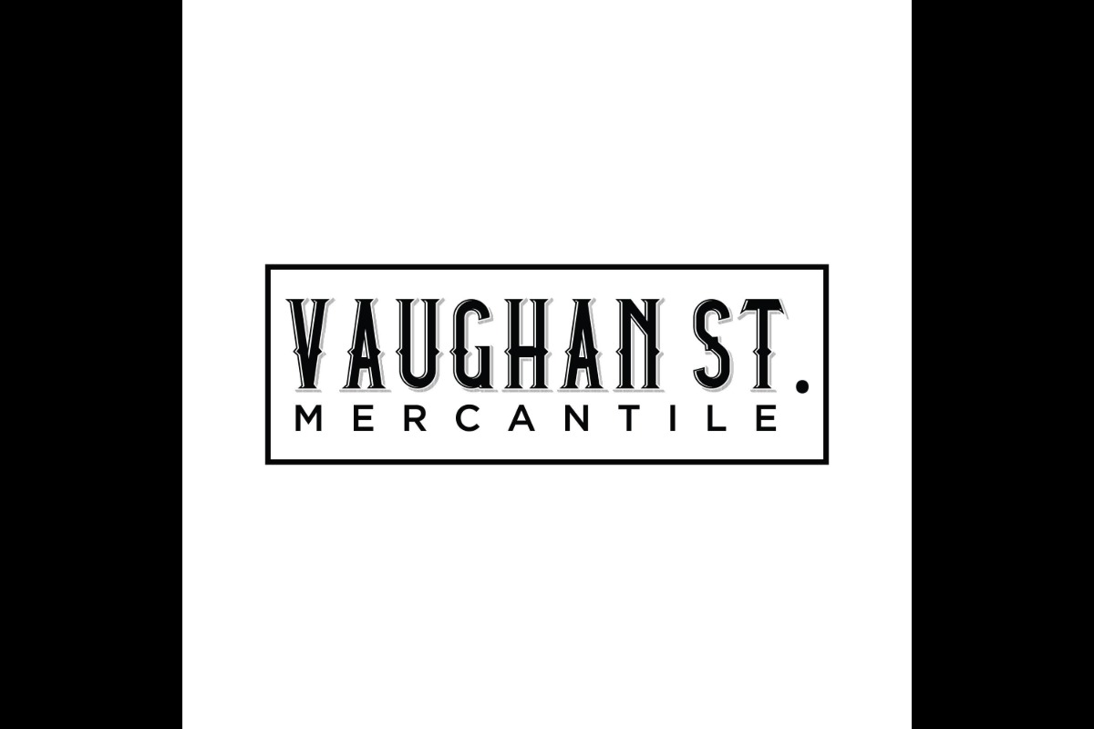 Logo for Vaughan Street Mercantile with black VAUGHAN ST. in large uppercase letters above smaller MERCANTILE, all inside a thin black rectangular border on a white background.