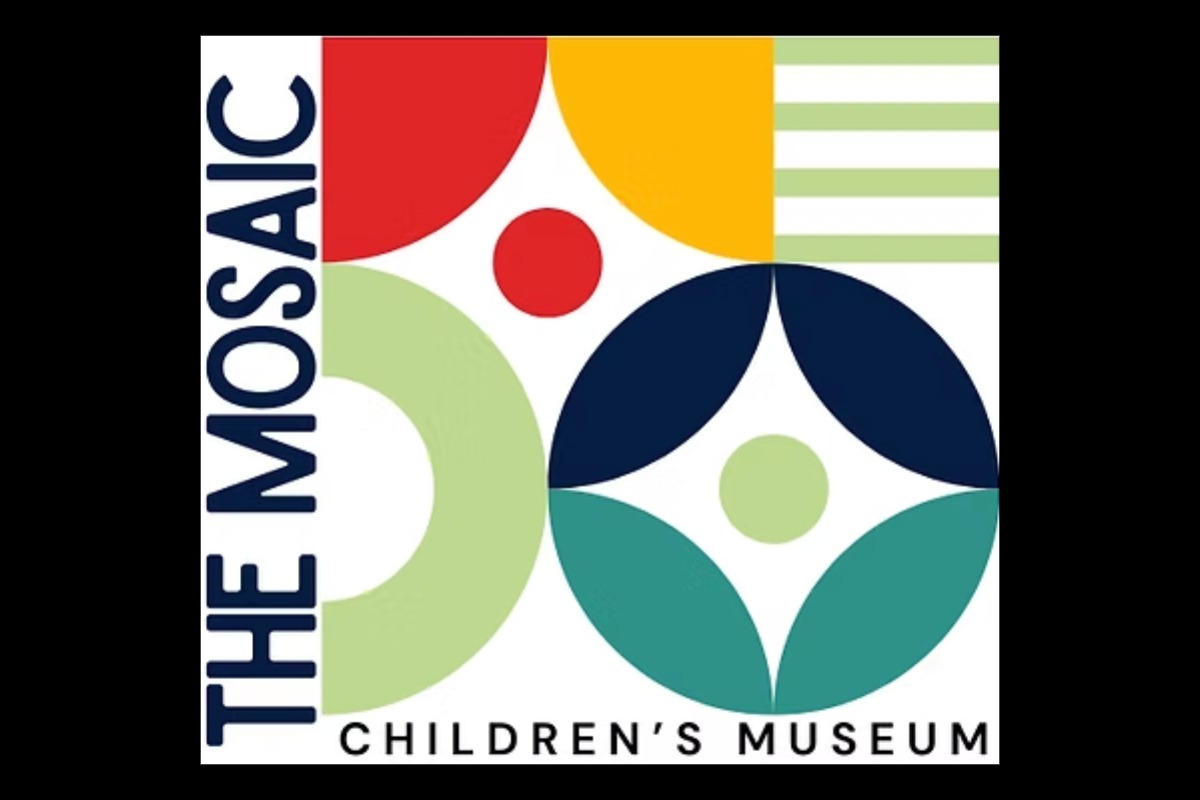 Logo for Mosaic Children's Museum featuring bold geometric shapes and patterns in red, yellow, green, blue, and white, with the museum name written along the left and bottom edges. Perfect for a vibrant children's museum identity.