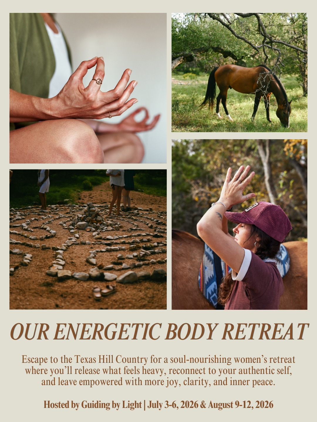 A collage featuring a woman meditating outdoors, hands in yoga mudra, a stone labyrinth, and trees, promoting an energetic body retreat in Texas for women focused on healing, connection, and inner peace. Text with retreat details is included.