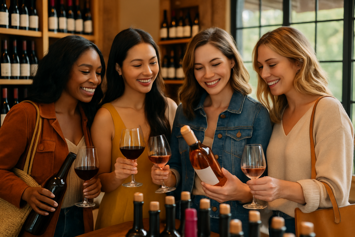 Four women stand together in a wine shop, smiling and holding glasses of wine. One woman holds a wine bottle as they chat, surrounded by wine bottles on the counter and shelves behind them.