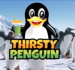 A cartoon Thirsty Penguin holding a drink stands in front of real penguins on snow, with the words Thirsty Penguin in bold yellow and green letters below.