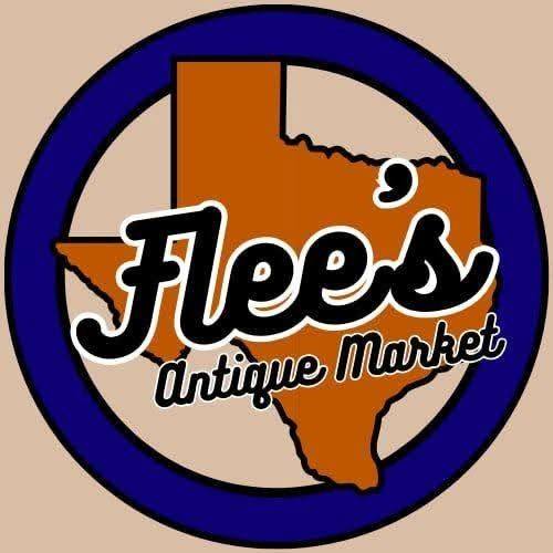 Logo for Flea's Antique Market featuring a blue ring around a Texas-shaped orange silhouette with the word 'Fleas' in bold script and 'Antique Market' beneath it.