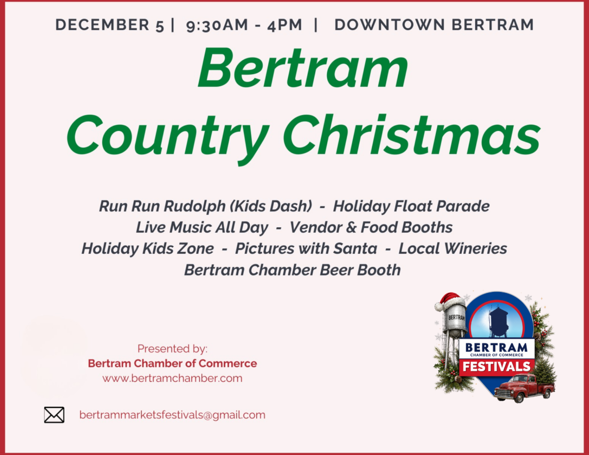 Event flyer for Bertram Country Christmas on December 5, 9:30 AM–4 PM in downtown Bertram, featuring a kids dash, parade, live music, vendors, a kids zone, Santa visits, local wineries, and a beer booth. Celebrate the holiday spirit at Bertram Country Christmas!.