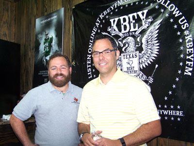 KBEY 103.9 FM Radio Picayune guest Bryan Woodward (right) of the Horseshoe Bay Resort and Jason Jamar.