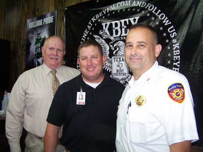 KBEY 103.9 FM Radio Picayune guests Marble Falls Police Chief Mark Whitacre (left), Johnny Campbell of the Marble Falls Area EMS, and Marble Falls Fire Chief Russell Sander.