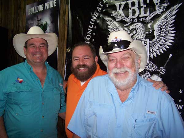 KBEY 103.9 FM Radio Picayune 'JBar Weekend Restroom Report' with Jason Jamar (center) and guests Chuck Shoenfield (left) and Harvey Gebhard of the Lonestar BBQ Society.