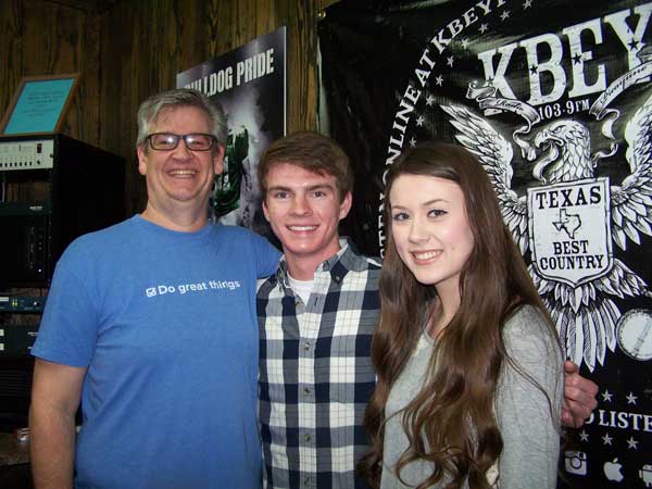 Marble Falls High School musical theater director Bryce Gage (left) with students Kevin Duggins and Madison Burdett.