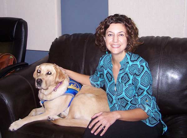 KBEY 103.9 FM Radio Picayune guest Sarah Garrett and therapy dog Mabel of the Phoenix Center in Marble Falls.