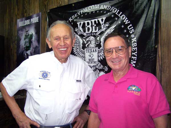 KBEY 103.9 FM guests Jim Hower (left) and Frank Kloke of the Kiwanis Club of Marble Falls talk about the Sporting Clays Challenge.