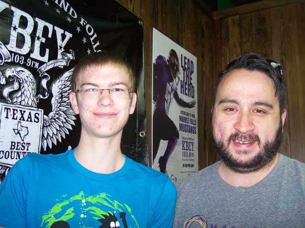 Marble Falls High School theater arts teacher Jon Clark (right) and one of his creative "boo-dents," Austin Parker.