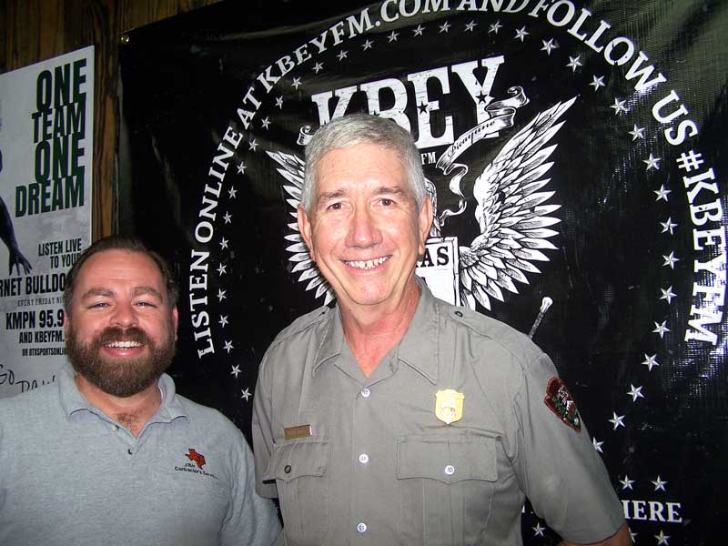 Jason Jamar of JBar Contractor's Services (left) brought in National Park Service Ranger Brian Vickers of the Lyndon B. Johnson National Historical Park for the 'JBar Weekend Restroom Report' on KBEY 103.9 FM Radio Picayune.