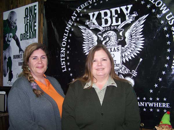 Sandy Boulter (left) of the "Jbar Weekend Restroom Report" and guest Nikki Elms of Colorado Bend State Park.
