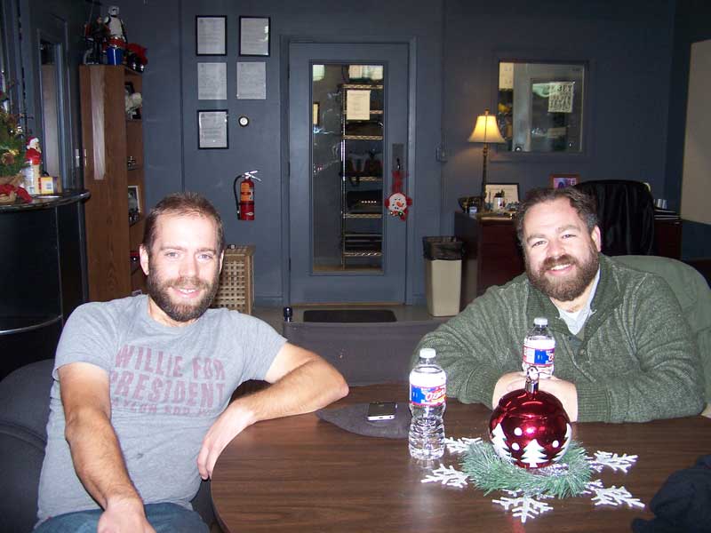 Jason Jamar (right) of the 'JBar Weekend Restroom Report' and guest Andrew Willis of Holland Racing.