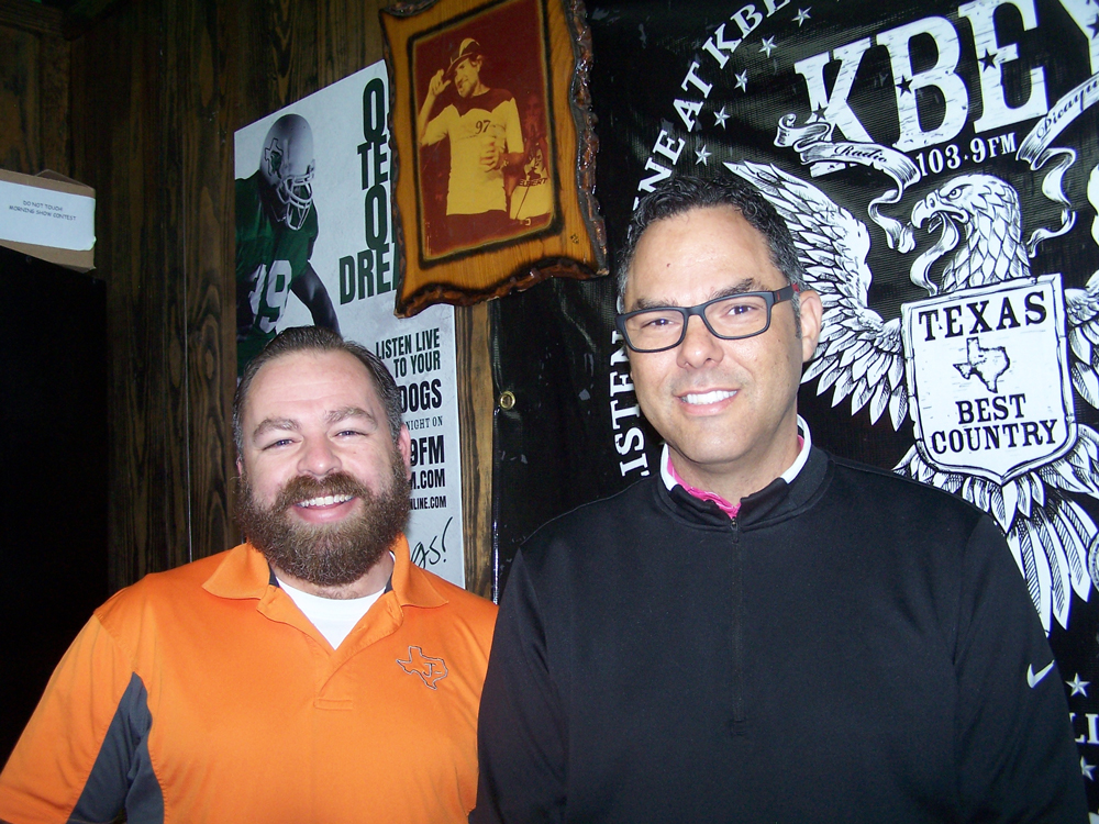 Jason Jamar (left) of JBar Contractor's Services and Bryan Woodward of Horseshoe Bay Resort talk about Balloons Over Horseshoe Bay Resort on KBEY's 'JBar Weekend Restroom Report.'