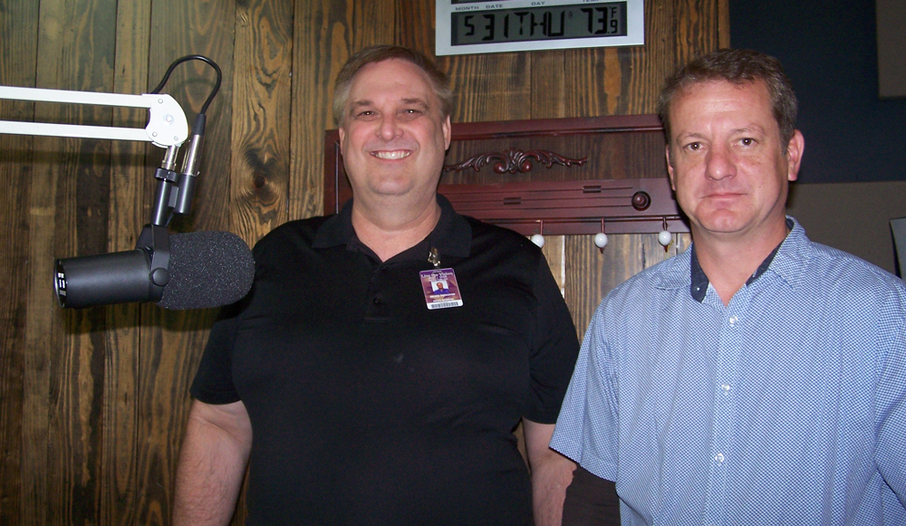 KBEY 103.9 FM guests Marble Falls High School Career and Technology Education director Bruce Peckover (left) and CTE instructor Shawn Reed.