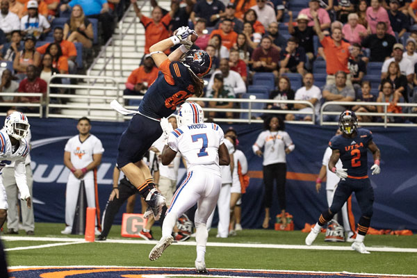 University of Texas-San Antonio senior tight end David Morgan leaps for one of his touchdowns against Louisiana Tech. Photo by Jeff Huehn/UTSA athletics