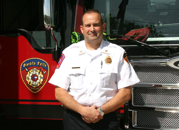 Marble Falls Fire Rescue welcomed new Fire Chief Russell Sander, who has been on the job for one week. Sander, who is from the Taylor area, came to the community from Missouri City outside Houston, where he served as chief over a department of 77 firefighters. Staff photo by Connie Swinney