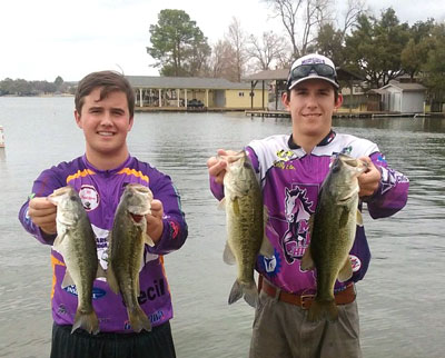 Student-anglers Jack Sopel (left) and Colby Orton are veterans of the fishing club at Marble Falls High School. They're looking to challenge for the Texas High School State Championship.