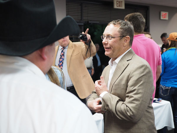 Terry Wilson greets supporters during the Burnet County Republican watch party March 1 at Riverbend Conference Center in Marble Falls. Wilson defeated state Rep. Marsha Farney for the GOP’s nomination for District 20. Staff photo by Daniel Clifton