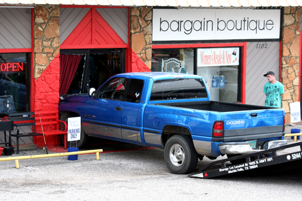 A Dodge pickup crashed into the front doors of Bargain Boutique, located in the 1100 block of RR 1431 in Marble Falls, at about 5:30 p.m. April 26. The woman who was driving told police she thought she had put the vehicle in reverse when the accident happened. No one was injured. Staff photo