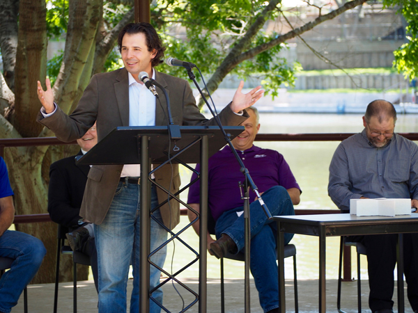 The Rev. Ross Chandler of First Baptist Church of Marble Falls explains to the crowd during the Lone Star Legacy Park presentation honoring Johnson Park that, when he told his daughters he was a speaker at the ceremony, they asked if they could go play instead of having to listen to him talk. The park, he said, is a big part of the community, even as the place the church started more than 100 years ago.