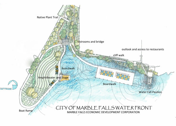Concept plans for a potential new conference center and hotel along Lake Marble Falls. Courtesy illustration