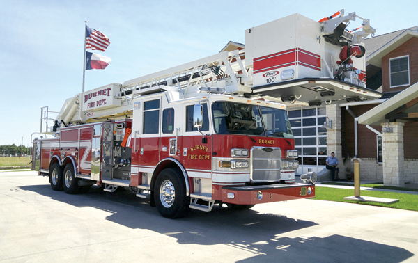 The new truck purchased for the Burnet Fire Department has a ladder with a reach of 100 feet. Staff photo by Jennifer Fierro