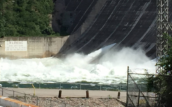 Lower Colorado River Authority crews have opened three floodgates at Mansfield Dam at the head of Lake Travis to ease the heavy flow of stormwater runoff that has pummeled the Highland Lakes area for the past several days. Courtesy photo