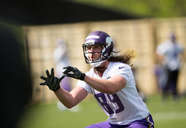 Minnesota Vikings tight end David Morgan, a 2008 Marble Falls High School graduate, turns to make a catch during rookie minicamp in May. Photo courtesy of the Minnesota Vikings
