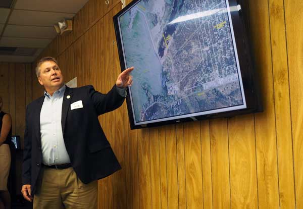 Burnet County Judge James Oakley discusses a proposed bridge that would cross the Colorado River below Wirtz Dam joining Wirtz Dam Road (about 3 miles west of Marble Falls) with a spur off RR 2147 between Cottonwood Shores and Horseshoe Bay. Oakley, who first proposed the idea more than a decade ago as a Burnet County commissioner, said the span would help alleviate traffic congestion in and around Marble Falls. Staff photo by Daniel Clifton