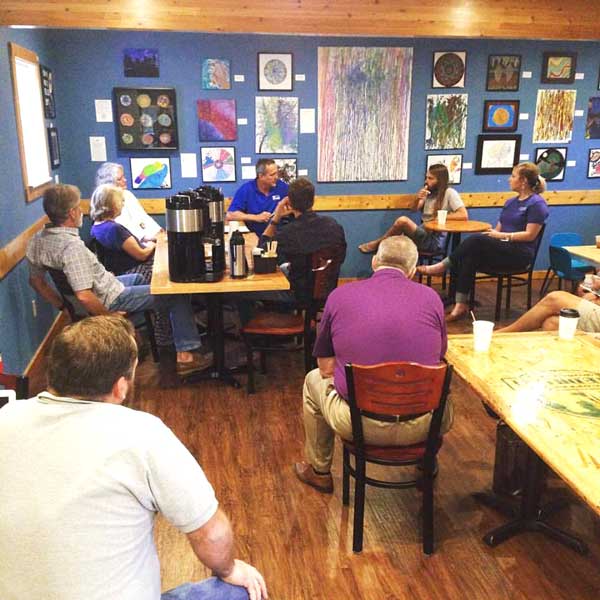 Marble Falls residents, pictured with Mayor John Packer (center, background), participated in the Coffee with the Mayor series in September at Numinous Coffee Roaster, 715 RR 1431. The next event featuring City Manager Mike Hodge and Economic Development Corp. Executive Director Christian Fletcher is 7 a.m. Friday, Oct. 28, at the coffee shop. Courtesy photo