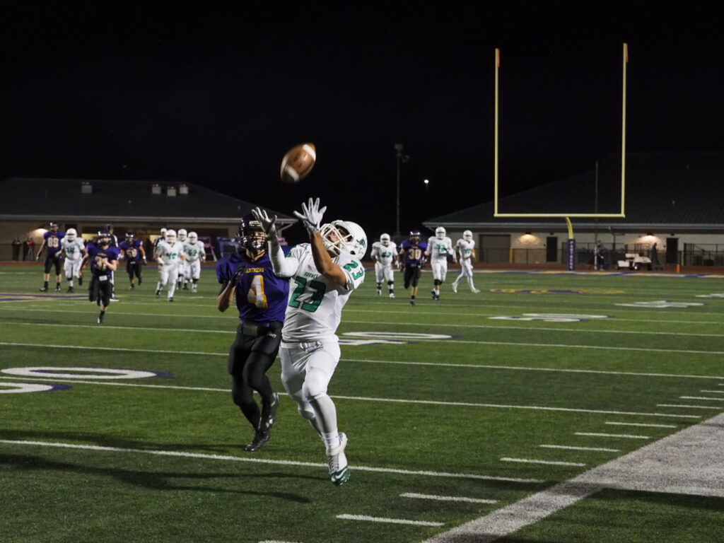 Burnet's Steven Gallardo hauls in a pass for a Bulldogs' touchdown during the Oct. 21 game against Liberty Hill. The Panthers went on to win the game 44-23. The Bulldogs drop to 1-2 in district play. They host the Lampasas Badgers on Oct. 28. Photo by Glenn Morris/FTMOG.com
