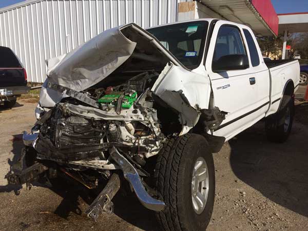 James ‘Jimbo’ Simpson — the driver of this Toyota Tundra — was treated and released for non-life-threatening injuries after a collision with off-duty Burnet Police Officer Matt Imrie on Jan. 10 on U.S. 281 North in Marble Falls. Staff photo by Connie Swinney