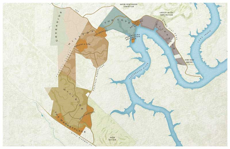 A planned development in the Spicewood area that will include homes, apartments, shops, entertainment venues, a resort, and more. Courtesy graphic