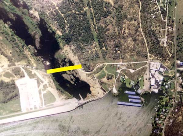 An aerial view showing where the Wirtz Dam bridge would be built. Courtesy photo