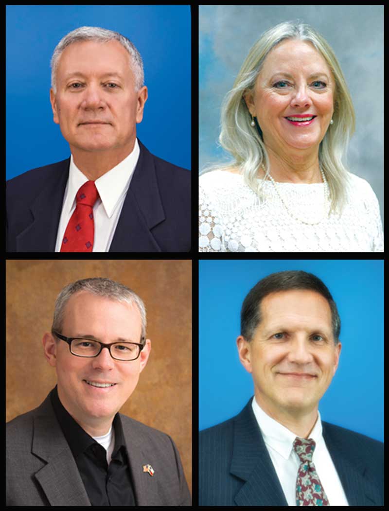 PEC District 3 candidates (clockwise from top left) Randy R. Klaus, Judy Lawler Pokorny, Matthew S. Weldon, and Eric Stratton. Courtesy photos