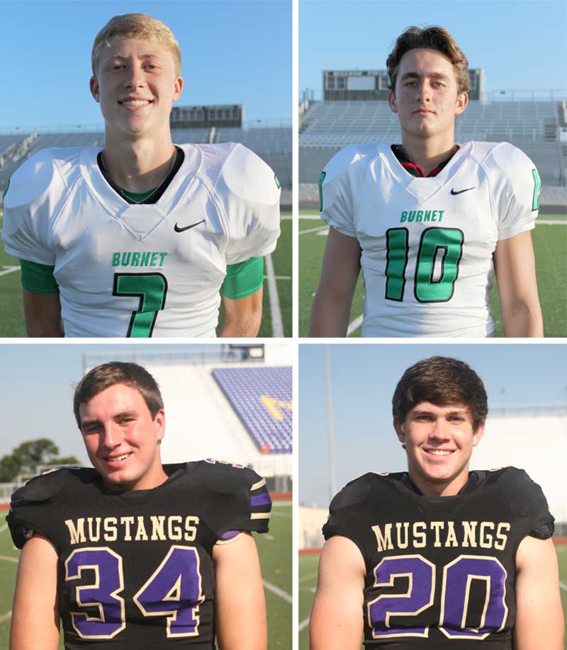 Burnet High School’s Drew Kiser (top left) and Koby Edwards and Marble Falls High School’s Dalton Mayberry (bottom left) and Heath Dooley will play in the Fellowship of Christian Athletes’ All-Star Unity Bowl on June 9 in Georgetown.
