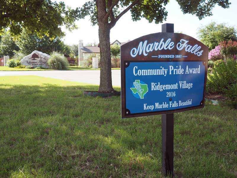 The city of Marble Falls is putting a call out for Community Pride Award nominations. Last year, Ridgemont Village, located in the Gateway community, earned the honor. This year, the city is awarding both residential and commercial areas. Staff photo by Daniel Clifton
