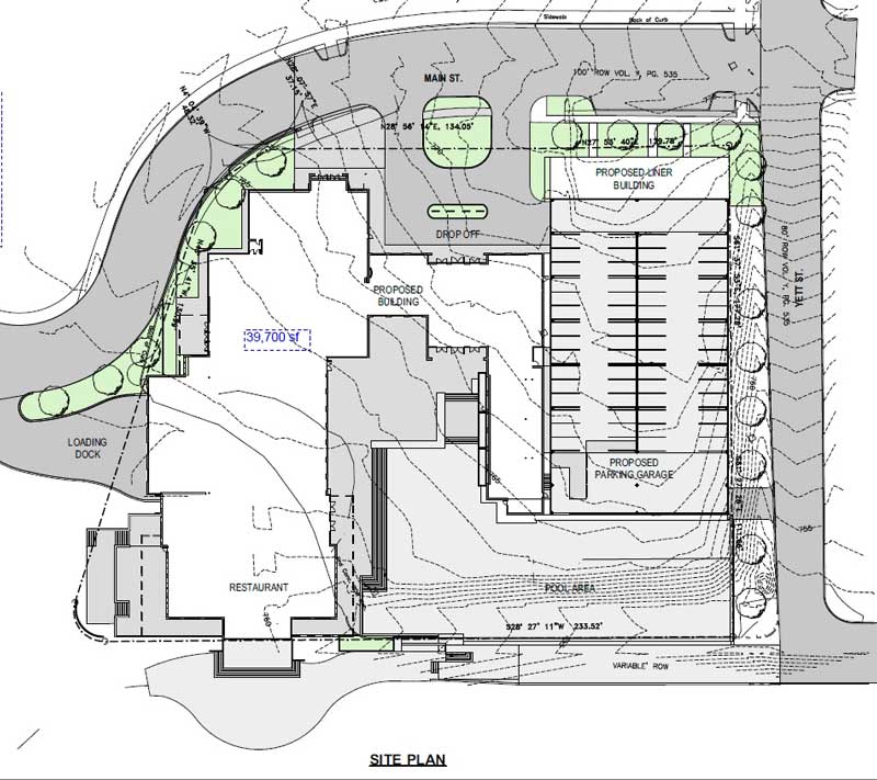 An aerial site plan indicates recently abandoned city right-of-way would include the private hotel swimming pool. Rendering courtesy of Marble Falls EDC