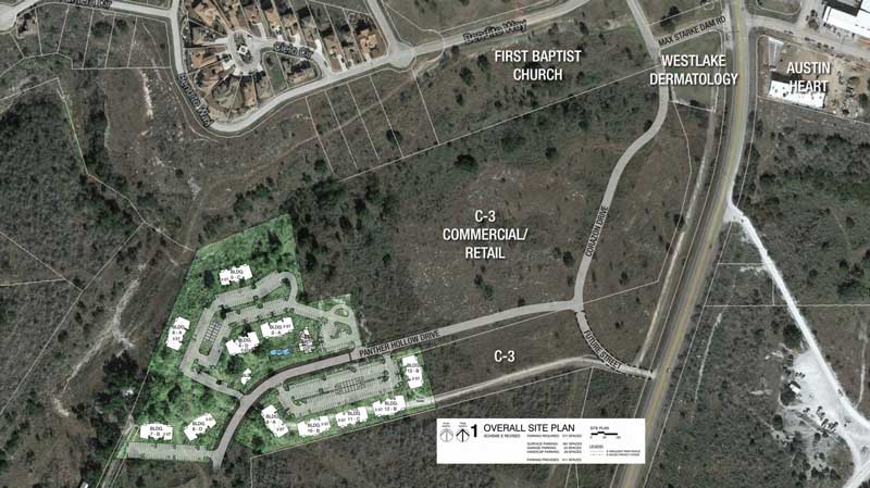 The Residences at Panther Hollow, a 200-unit apartment complex, will be located in south Marble Falls adjacent to the the fledgling Panther Hollow subdivision, First Baptist Church of Marble Falls, and Westlake Dermatology. Courtesy map
