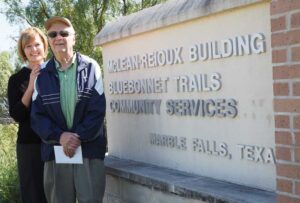 Bluebonnet Trails Community Service executive director Andrea Richardson (left) says retired Burnet County Judge Martin McLean has been an instrumental leader in establishing the program as well as advocating for it over the years as a board member. McLean recently stepped down from the Bluebonnet Trails Community Service board but believes it’s in good hands. Staff photo by Daniel Clifton