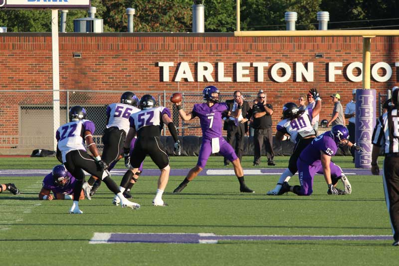 Tarletson State University senior quarterback Zed Woerner set the program’s all-time career passing touchdowns record with 58 during the win against the University of Texas-Permian Basin on Sept. 30. Photo by Russell Huffman, The Flash Today